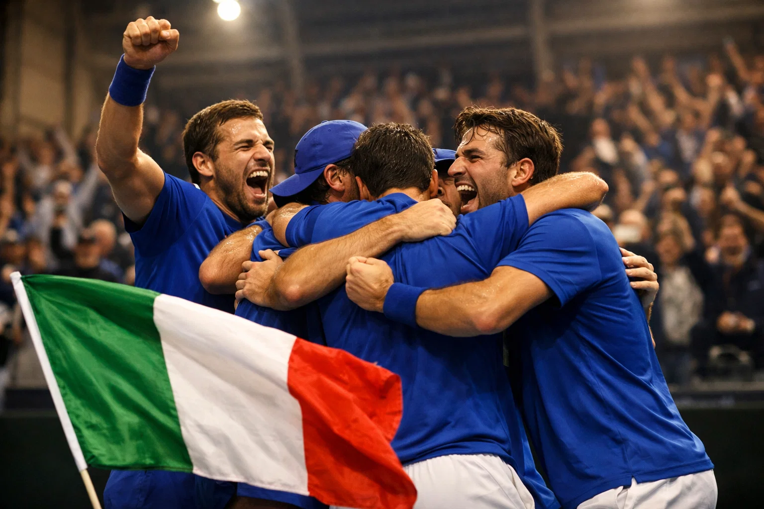 Squadra di tennis festeggia vittoria in Coppa Davis con bandiera nazionale