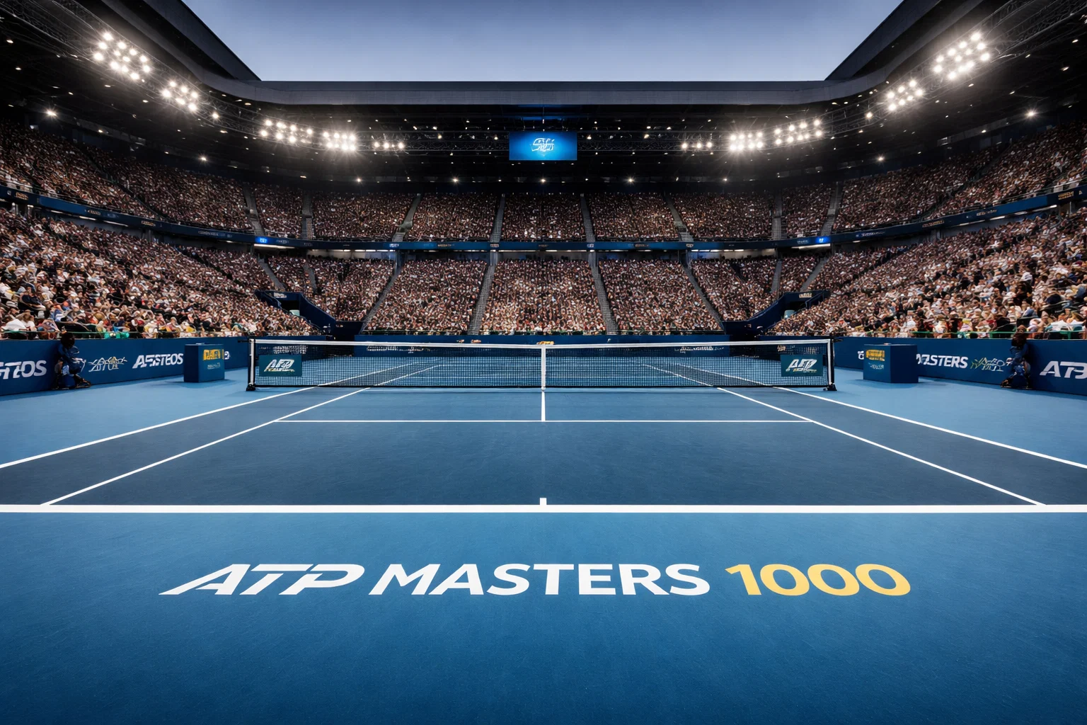 Campo da tennis ATP Masters 1000 con logo del torneo, vista dal centro del campo con spalti pieni di spettatori