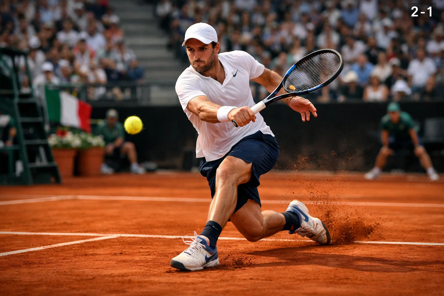 Giocatore di tennis professionista che celebra un punto durante un match intenso su campo in terra rossa