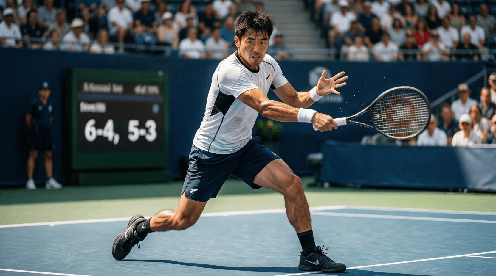 Tennista professionista durante un match live con tabellone punteggio