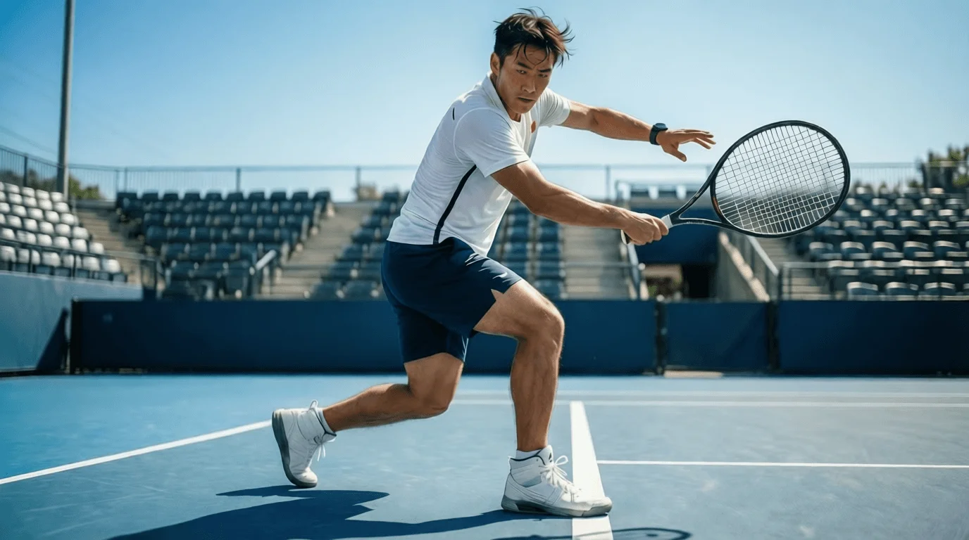 Giocatore di tennis concentrato durante uno scambio sul campo