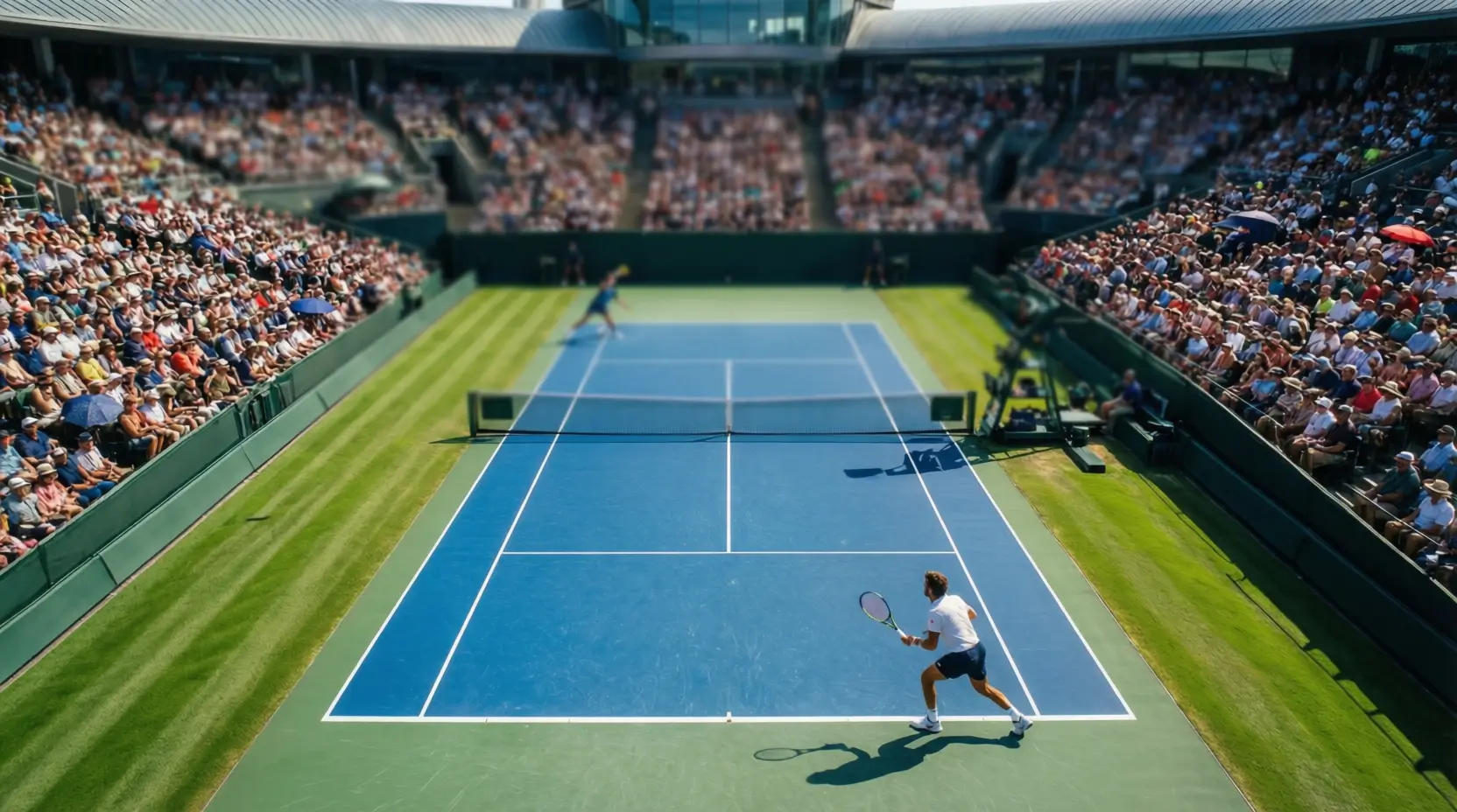 Campo da tennis visto dall'alto durante un torneo professionistico