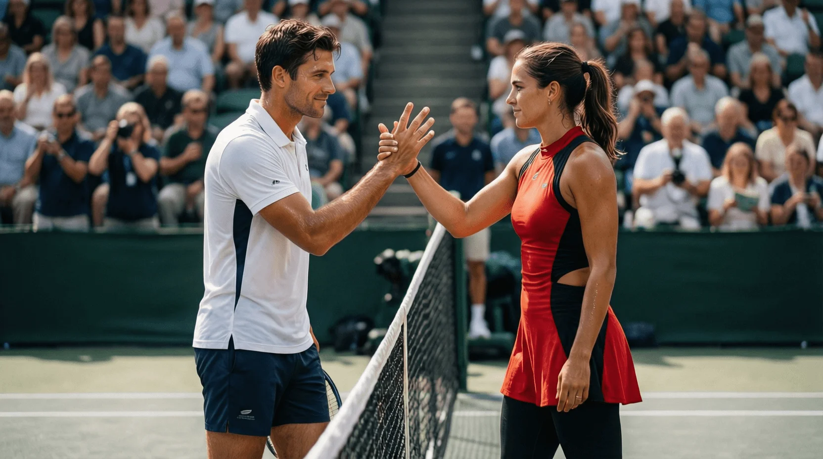 Due tennisti si stringono la mano a rete dopo il match