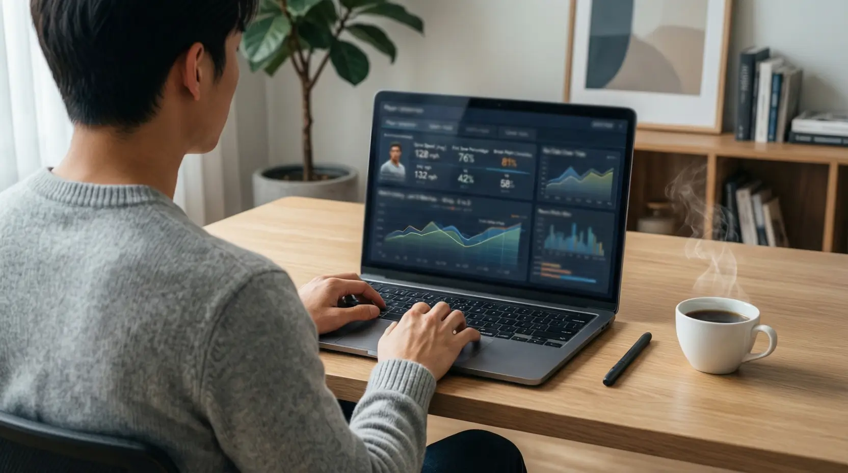 Persona consulta statistiche tennis su computer portatile