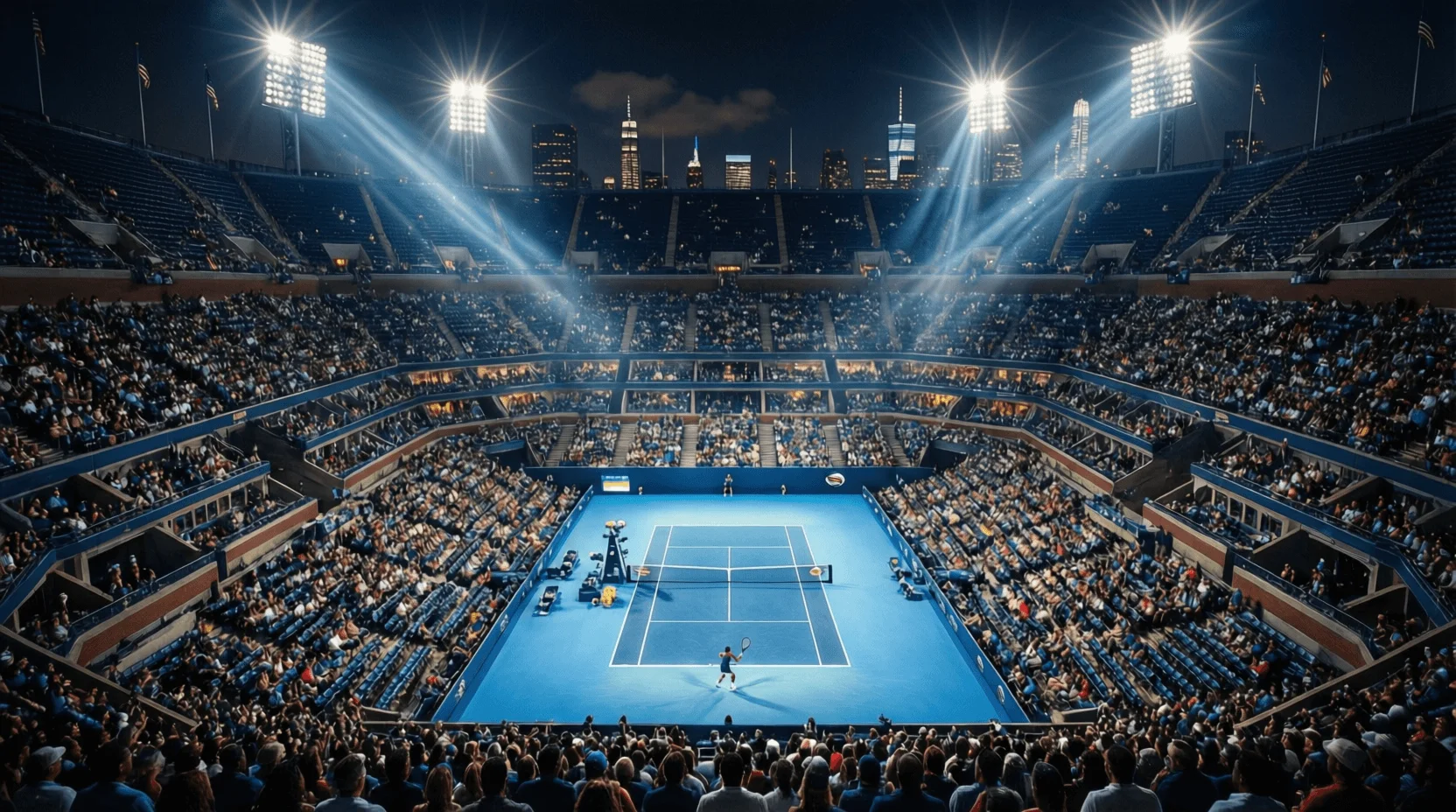 Stadio Arthur Ashe illuminato durante sessione serale US Open