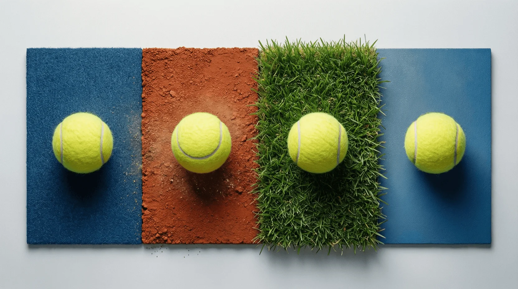 Quattro palline da tennis su diverse superfici: cemento, terra, erba