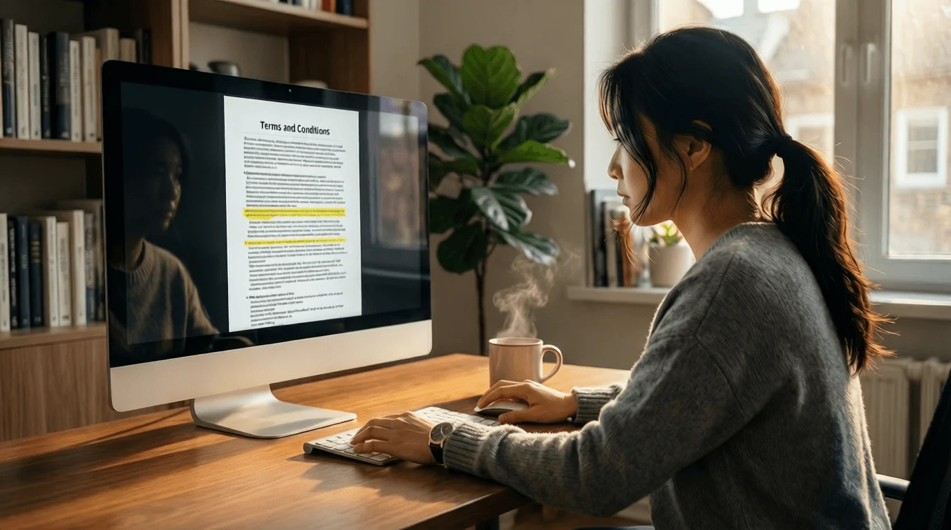 Persona legge termini e condizioni su schermo computer