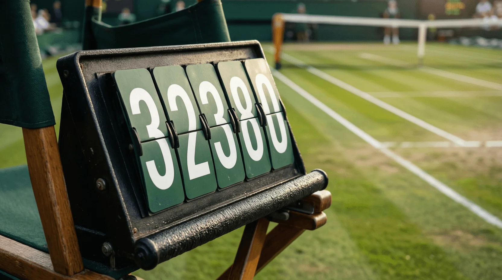 Tabellone del punteggio su un campo da tennis con sedia dell'arbitro