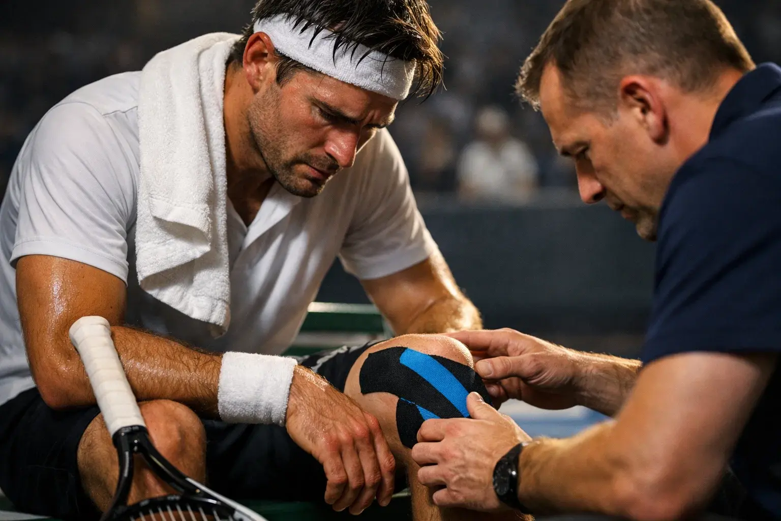 Giocatore di tennis seduto in panchina con un asciugamano e assistenza medica durante una pausa