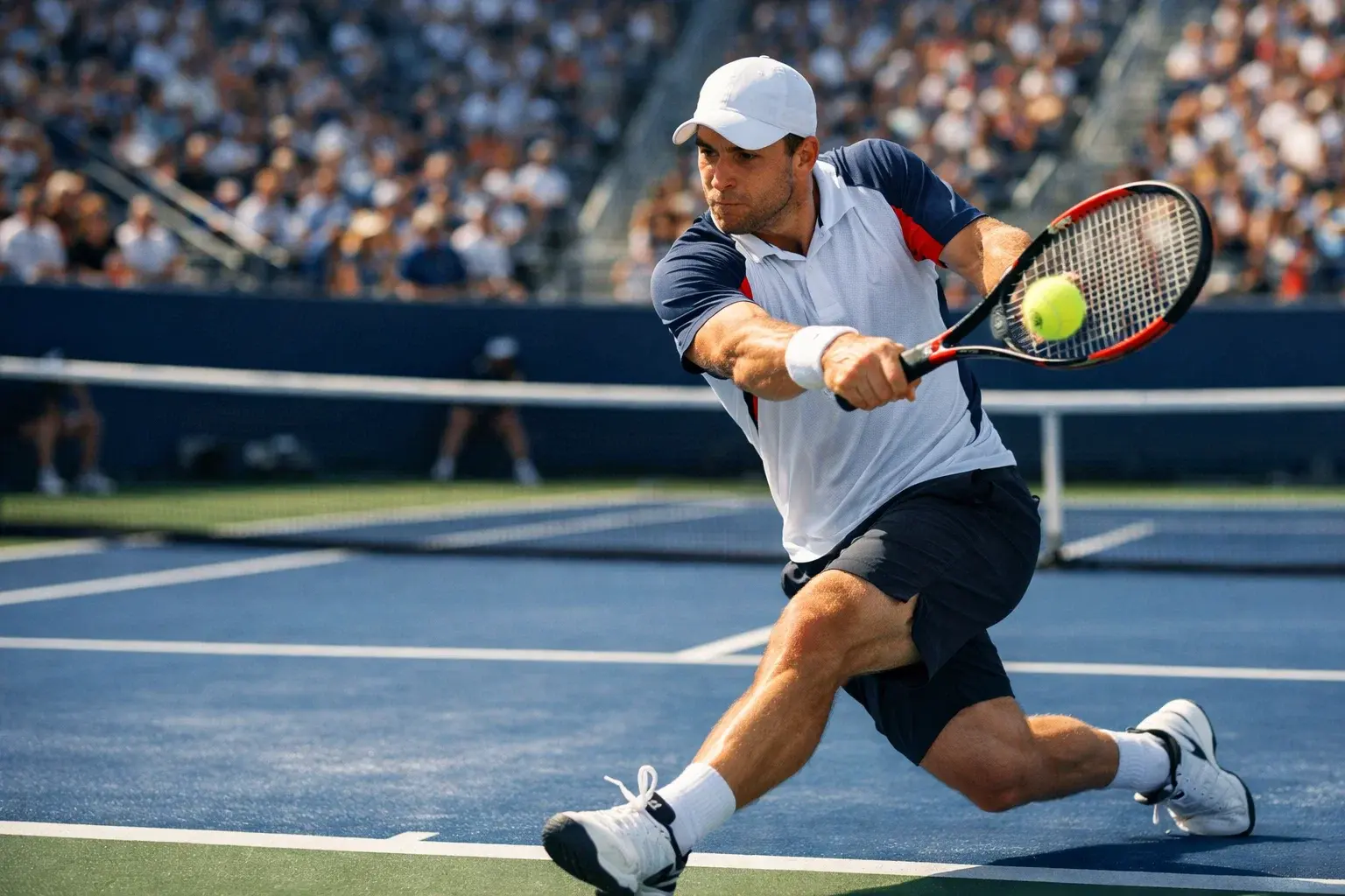 Giocatore di tennis professionista in azione su campo in cemento durante un torneo Masters 1000