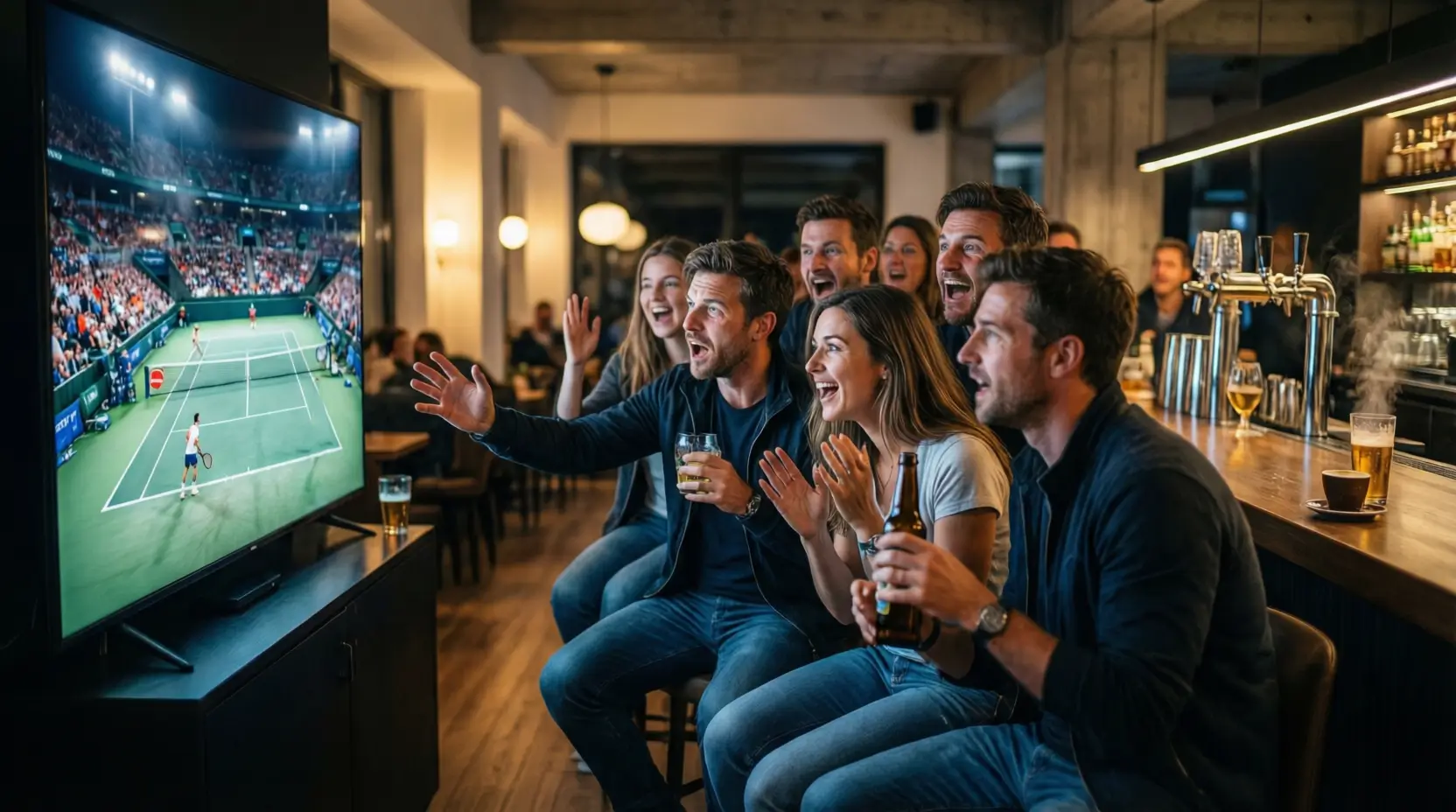 Tifosi che guardano una partita di tennis su grande schermo in un club