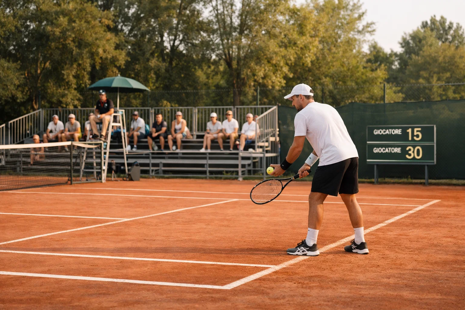 Piccolo campo da tennis con pochi spettatori durante un torneo Challenger