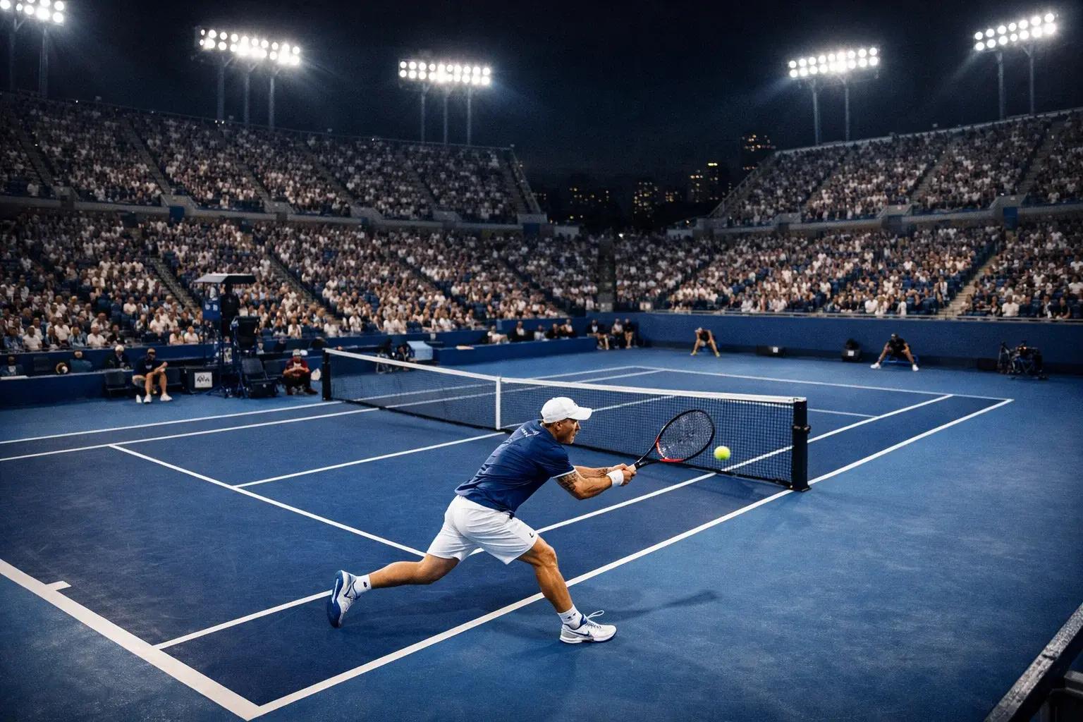 Stadio Arthur Ashe di notte illuminato durante una partita di tennis allo US Open