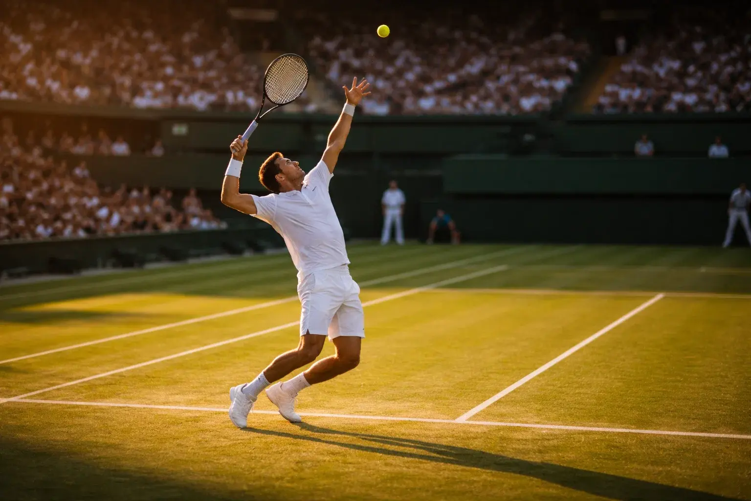 Campo da tennis in erba di Wimbledon con giocatore durante un servizio