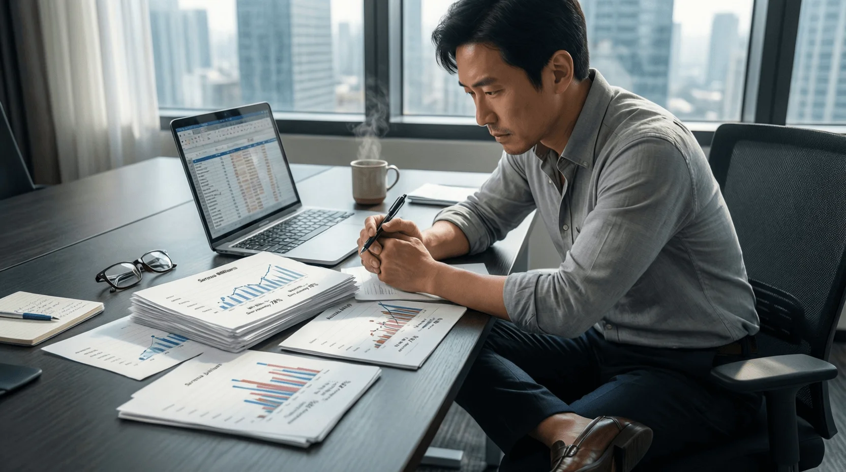 Analista sportivo che studia documenti e grafici delle prestazioni tennistiche