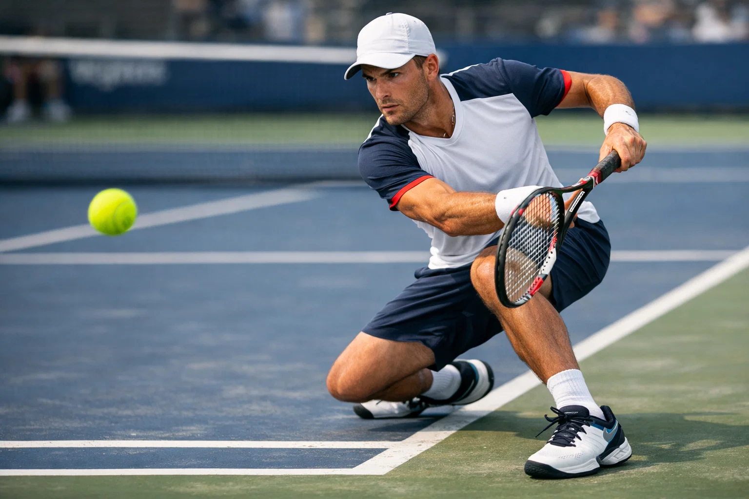 Giocatore di tennis in azione durante uno scambio intenso
