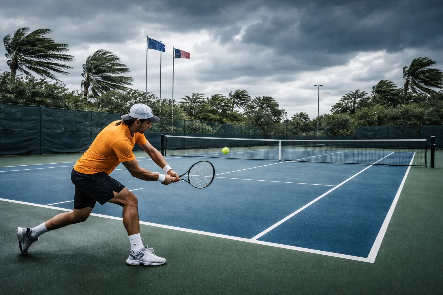 Campo da tennis all'aperto con condizioni meteorologiche ventose