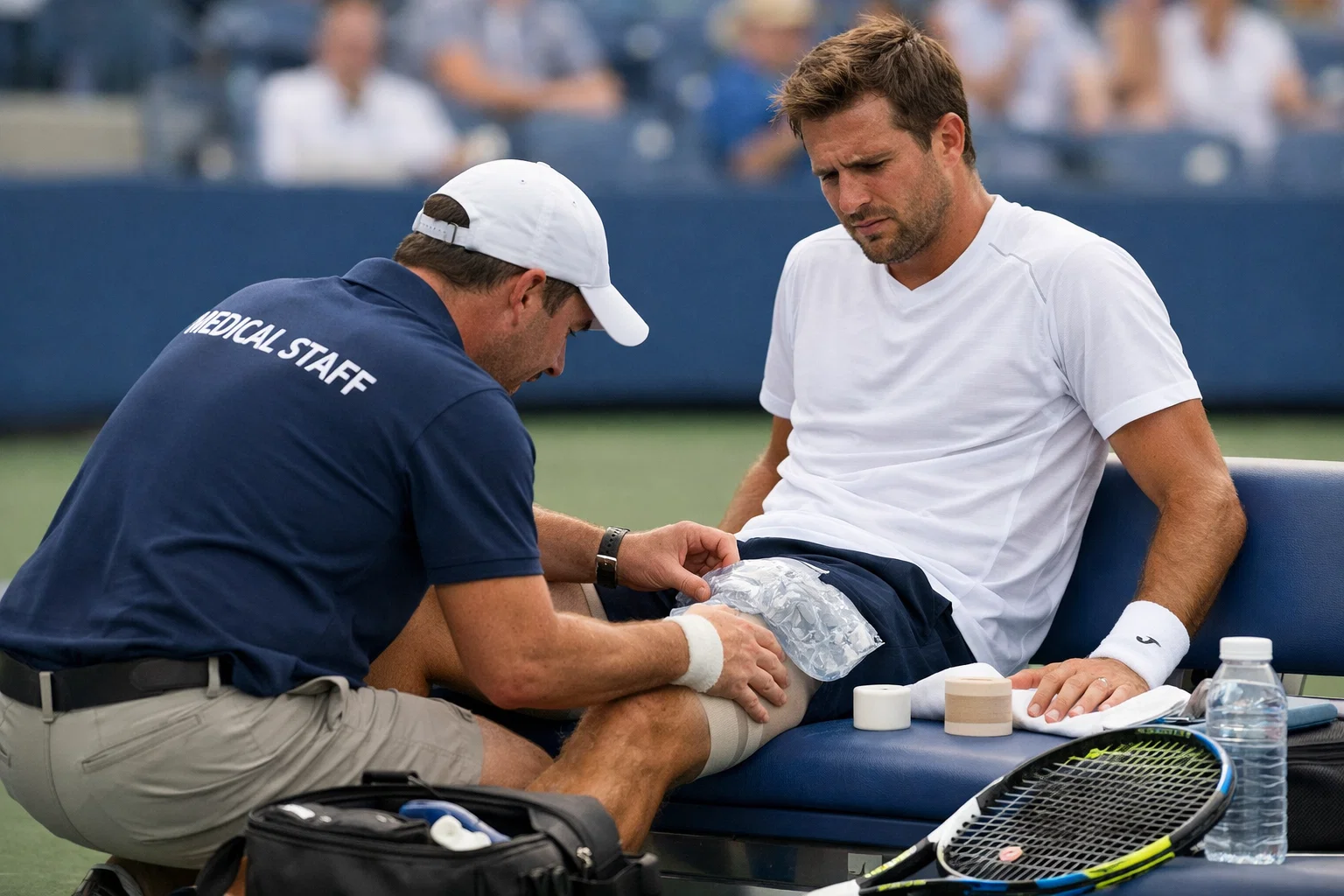 Tennista riceve trattamento medico per infortunio durante la partita