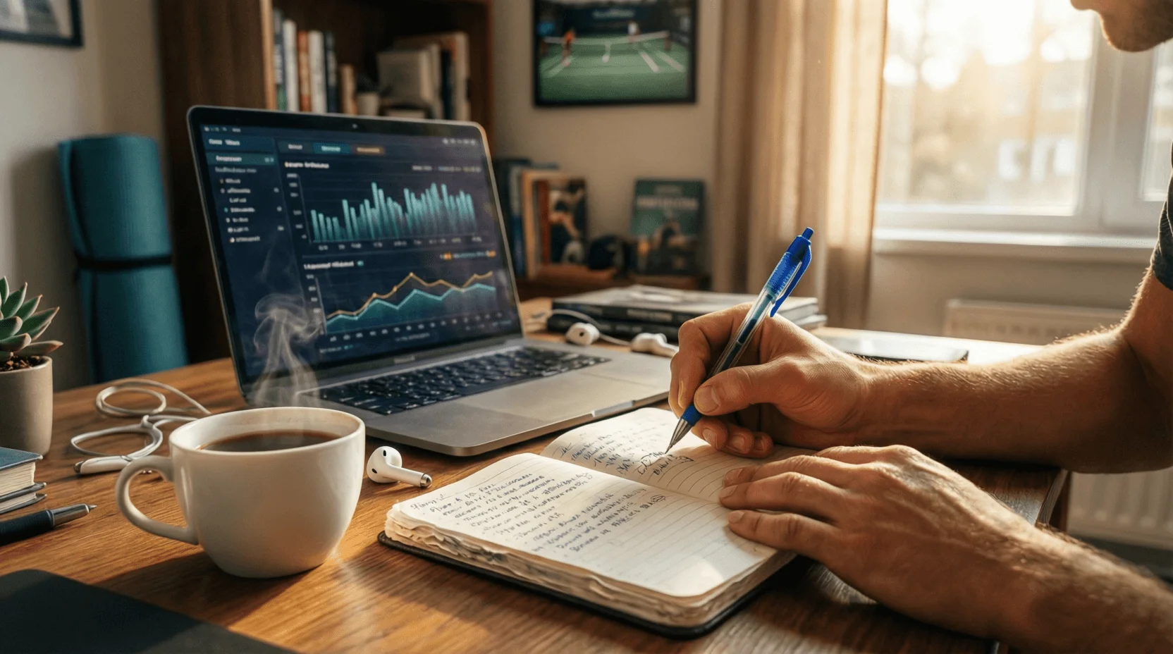 Persona che analizza statistiche di tennis su un notebook con appunti