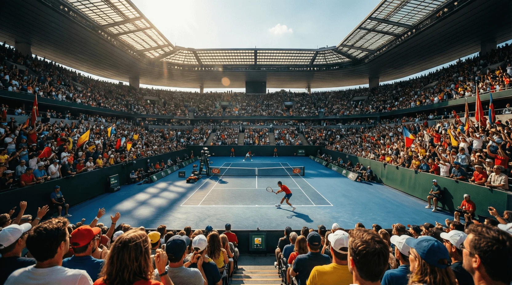 Vista panoramica di uno stadio di tennis durante un torneo Grand Slam